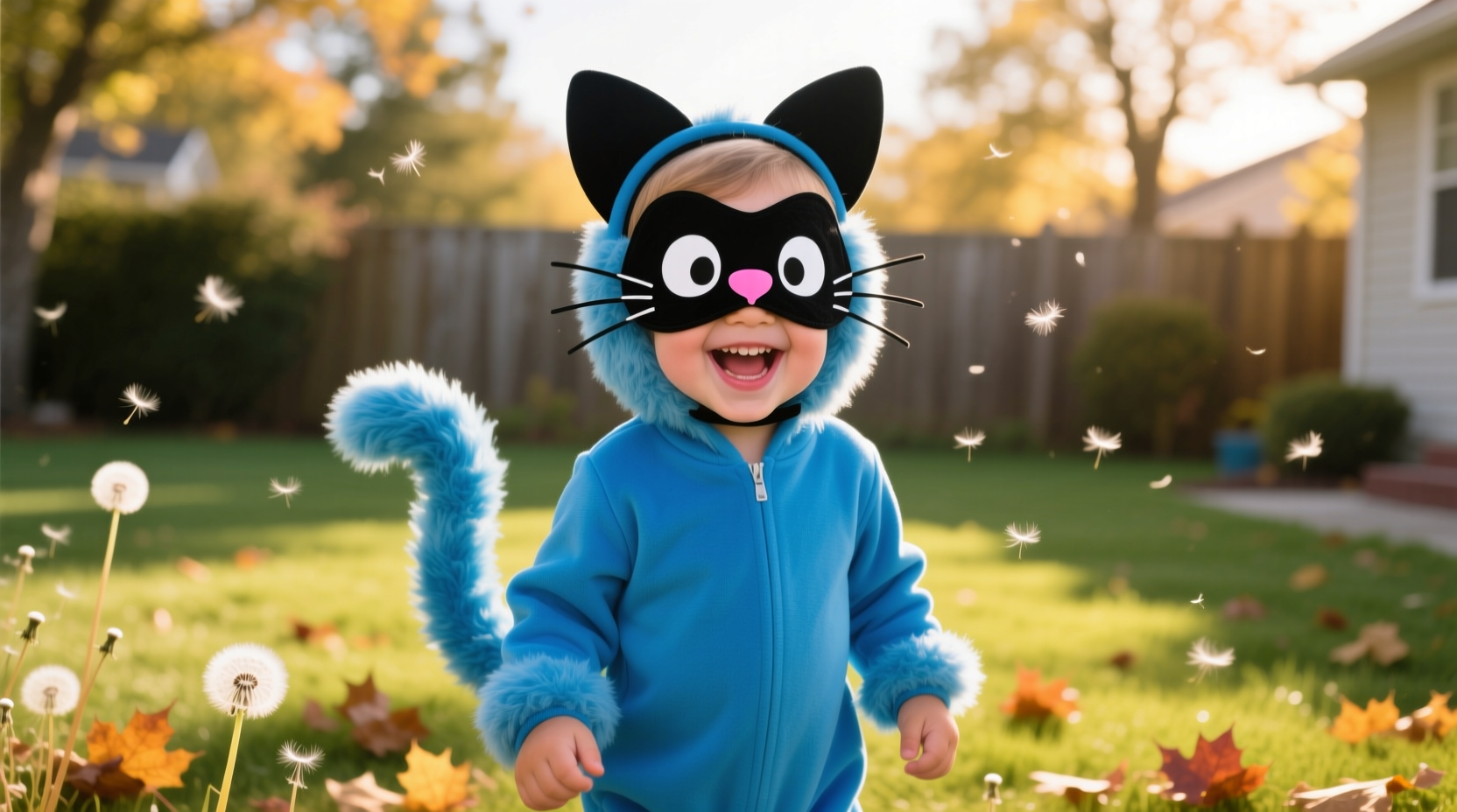 Child wearing completed Pete the Cat costume smiling