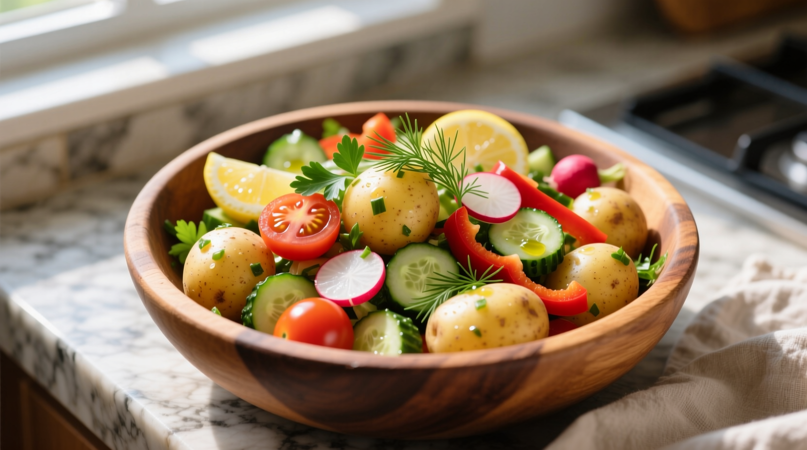 Bunter gesunder Kartoffelsalat mit frischem Gemüse und Kräutern - zeigt die optimale Farb- und Texturvielfalt