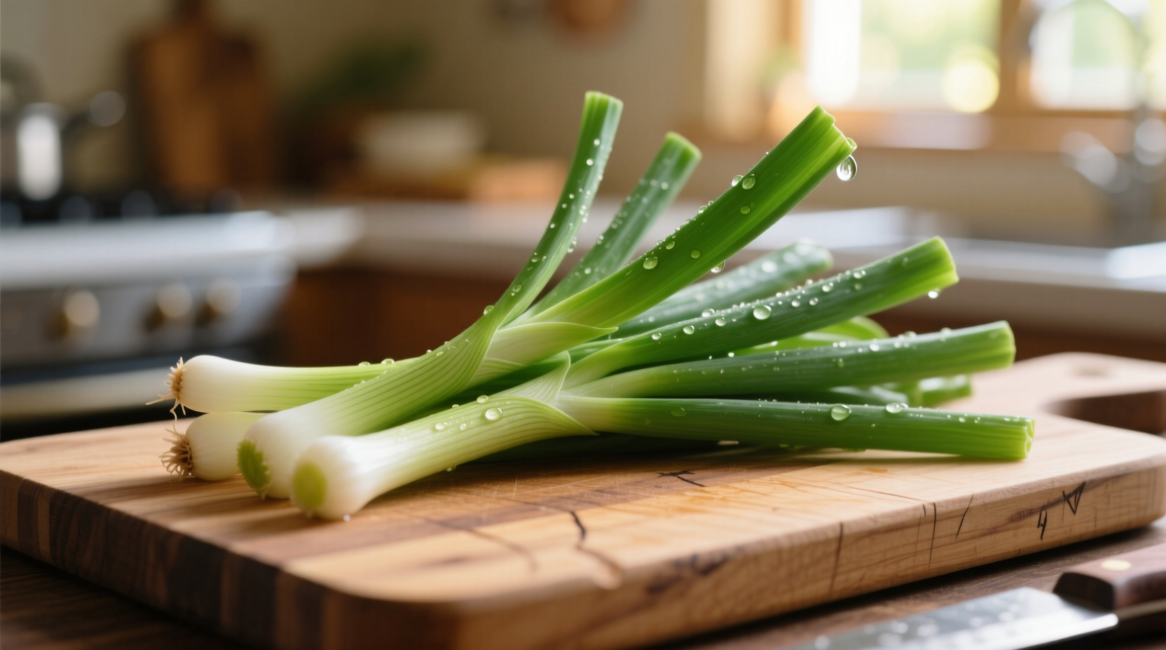 Fresh green onions arranged on cutting board