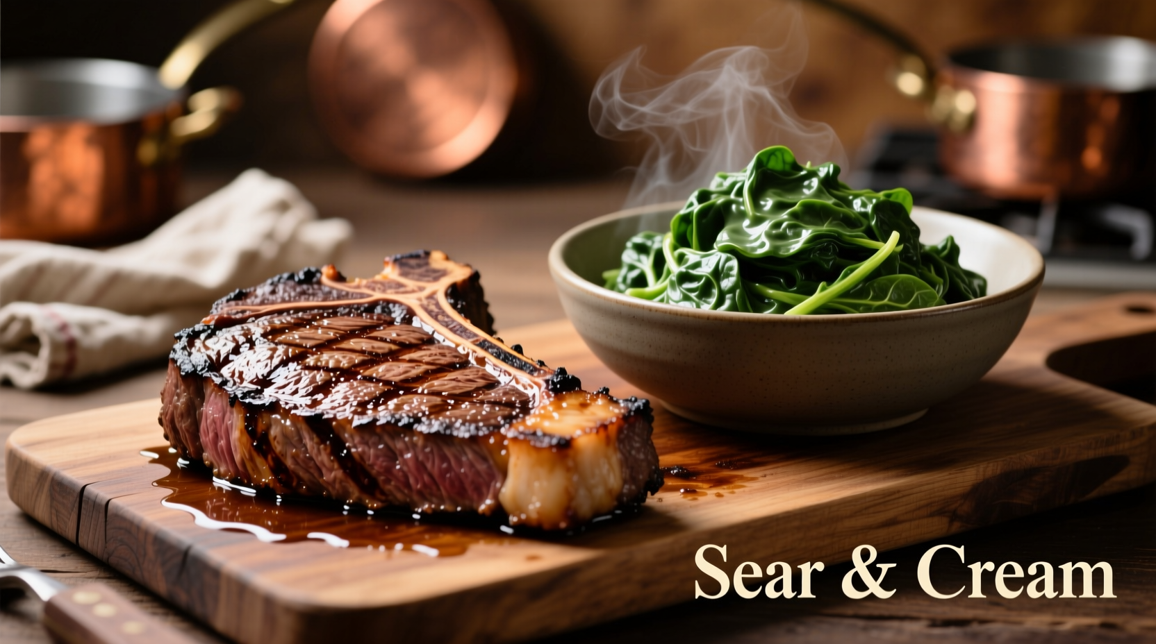 Perfectly seared steak with creamy spinach