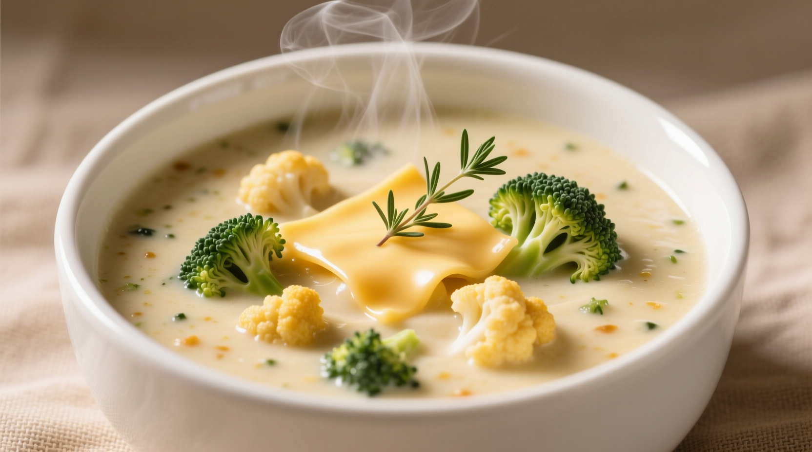 Creamy broccoli cauliflower cheese soup in white bowl