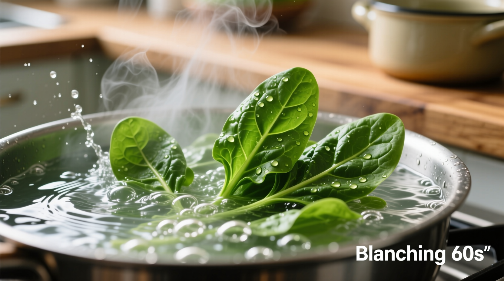 Fresh spinach being blanched in boiling water
