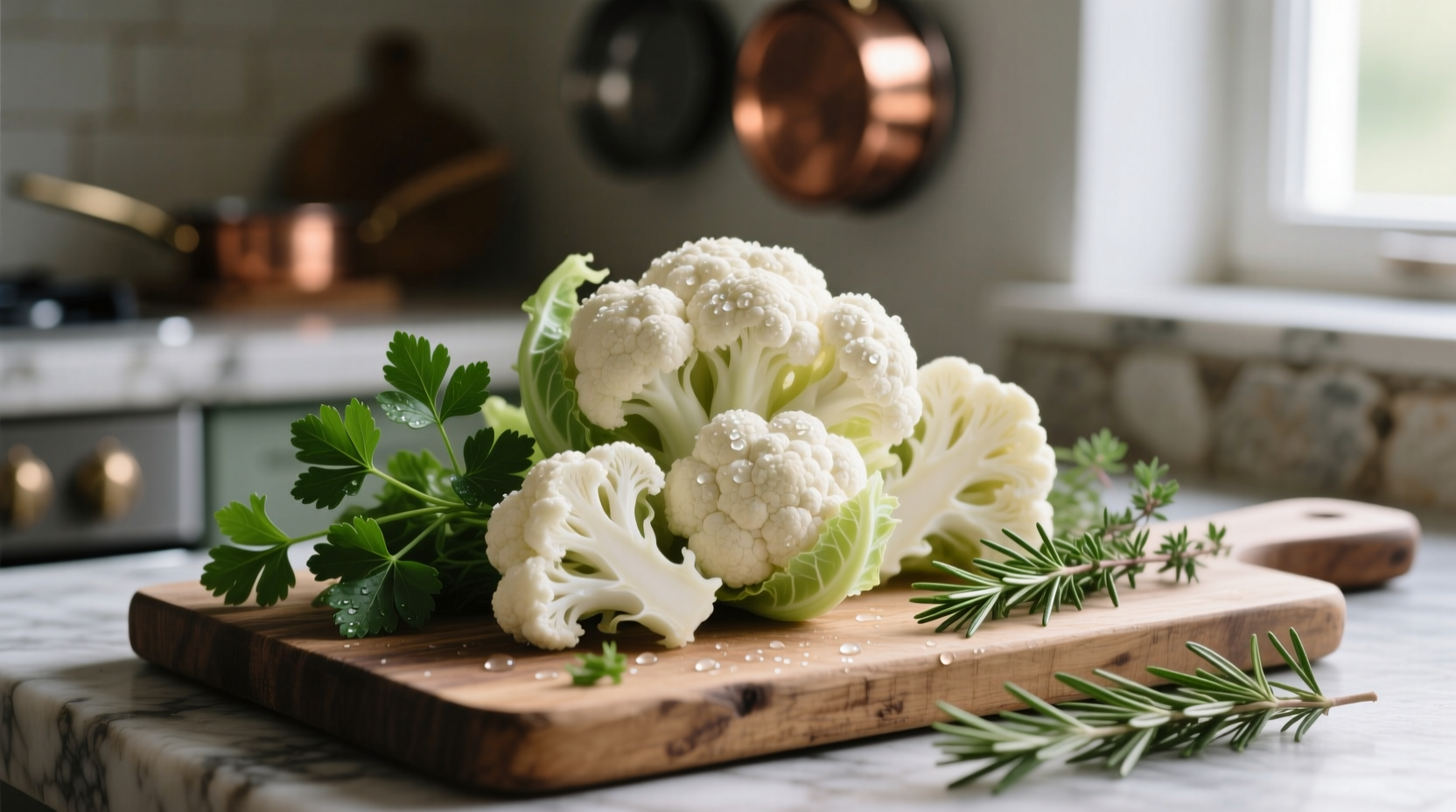 Fresh cauliflower florets on cutting board with herbs