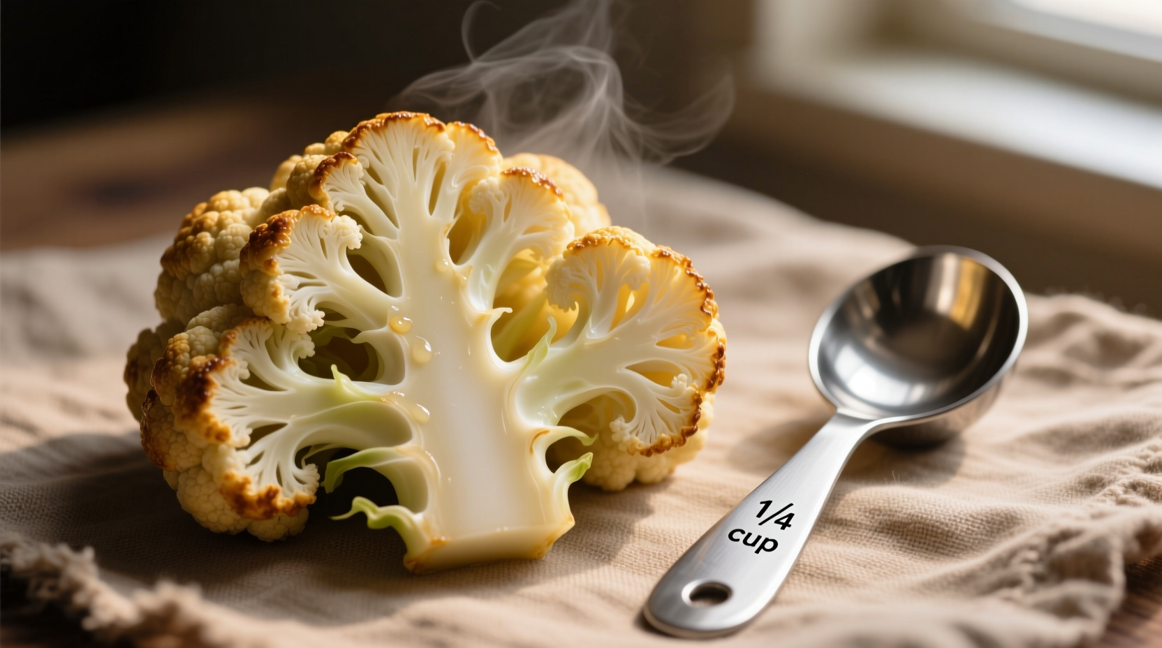 Cooked cauliflower pieces next to measuring spoon