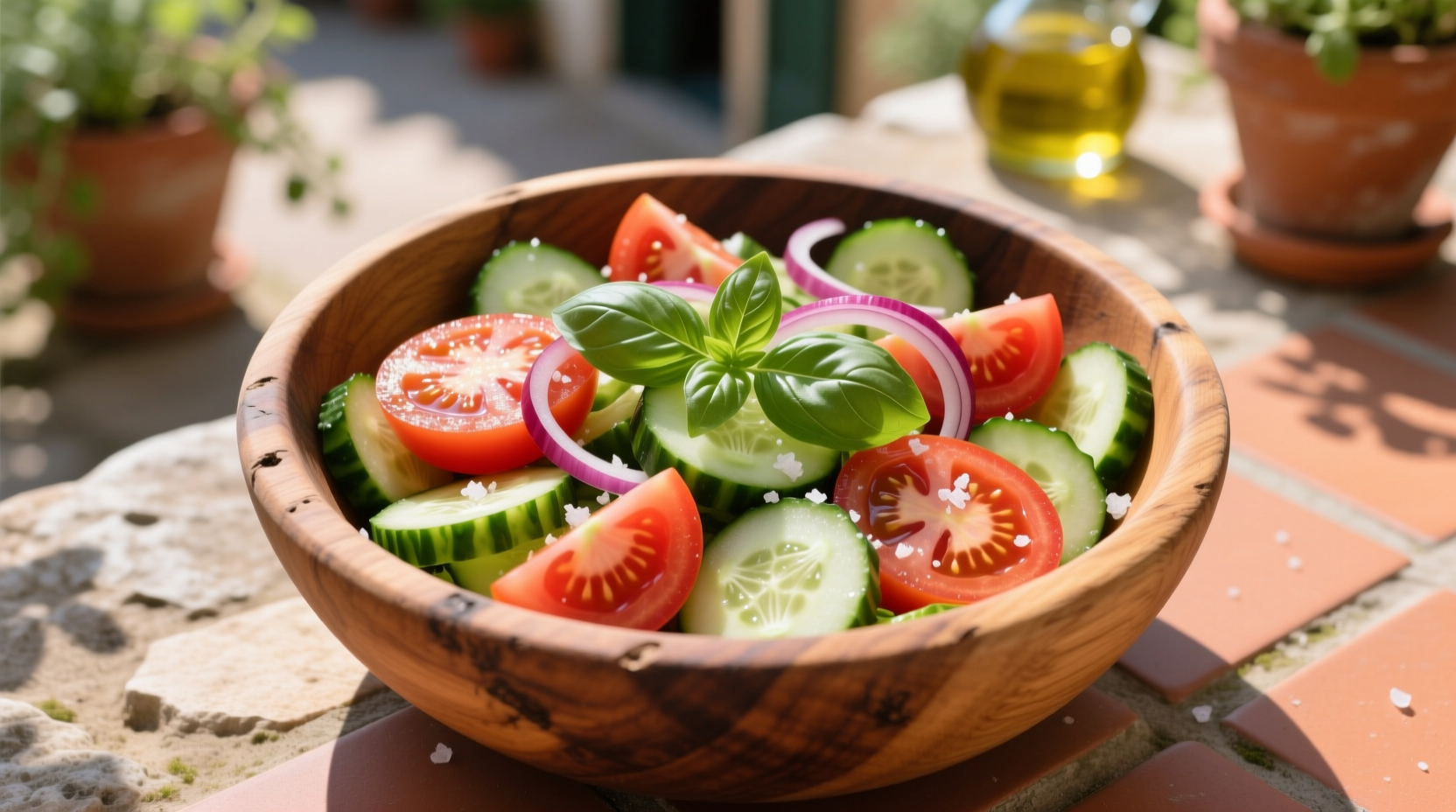 Fresh Mediterranean cucumber tomato salad in wooden bowl