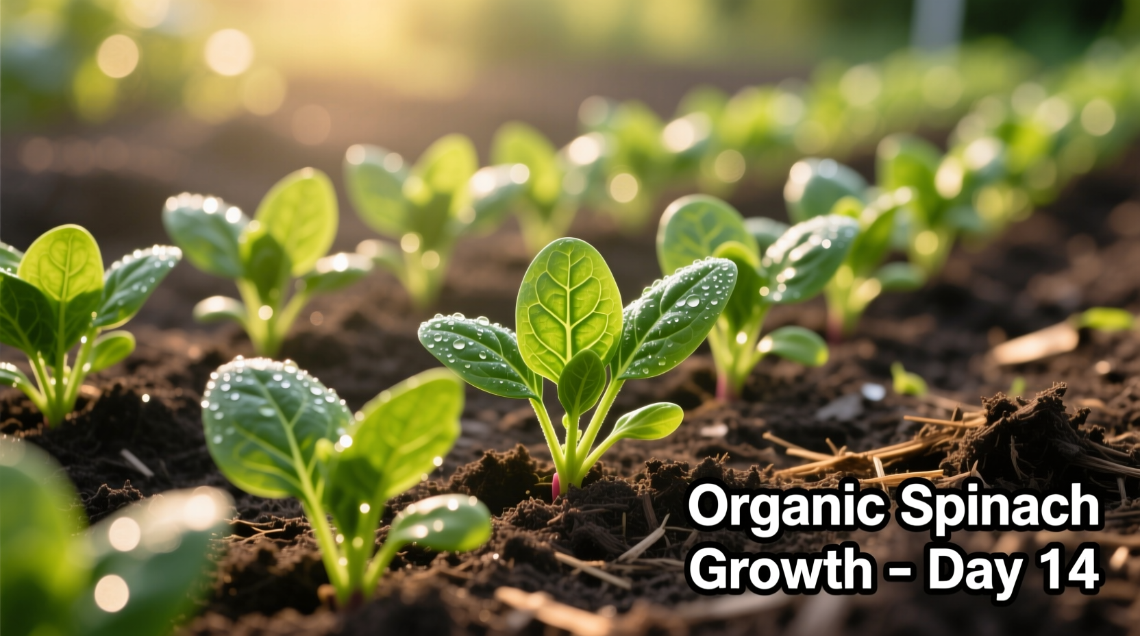 Close-up of properly spaced spinach seedlings in garden bed