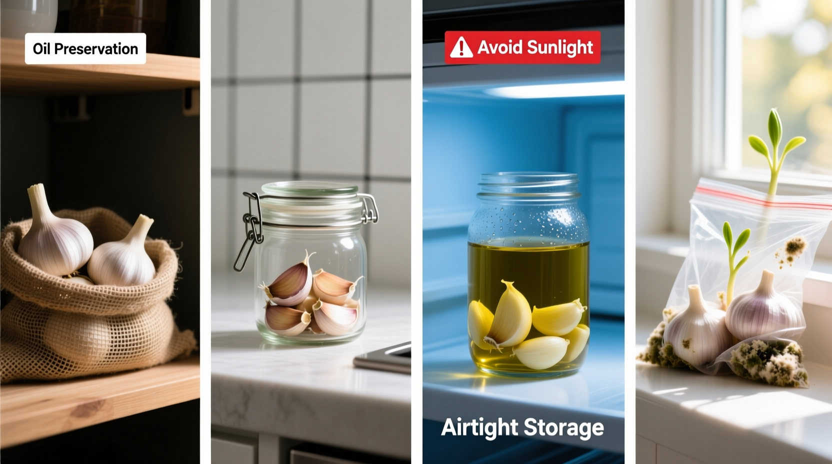 Garlic storage comparison showing proper methods