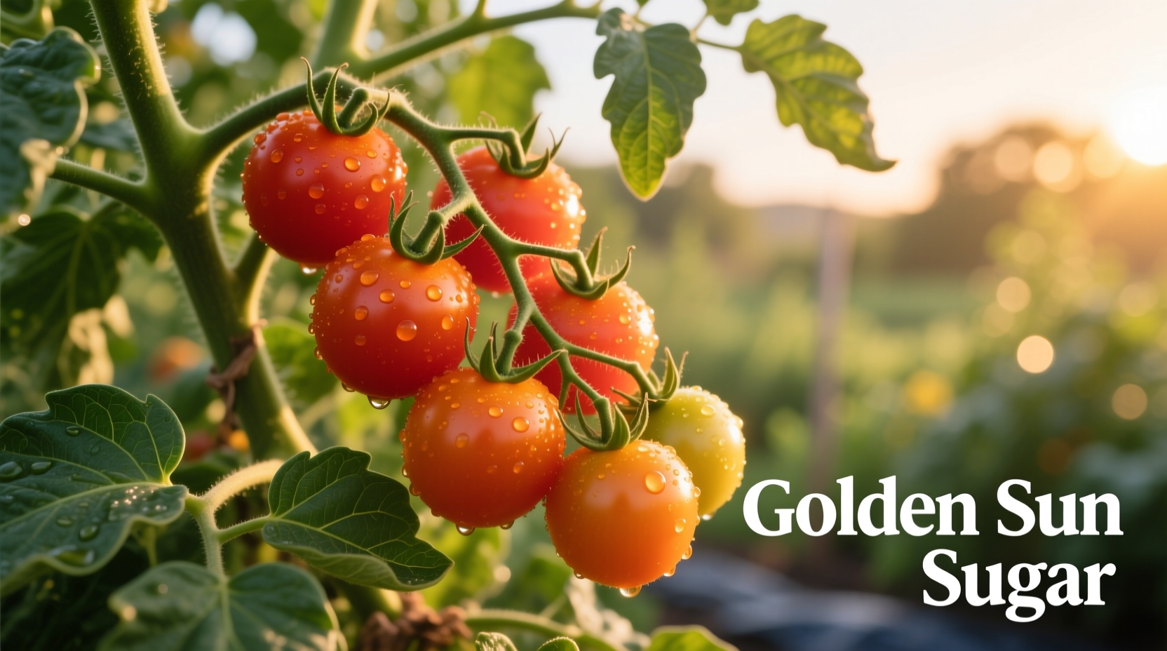 Golden Sun Sugar cherry tomatoes on vine with green leaves