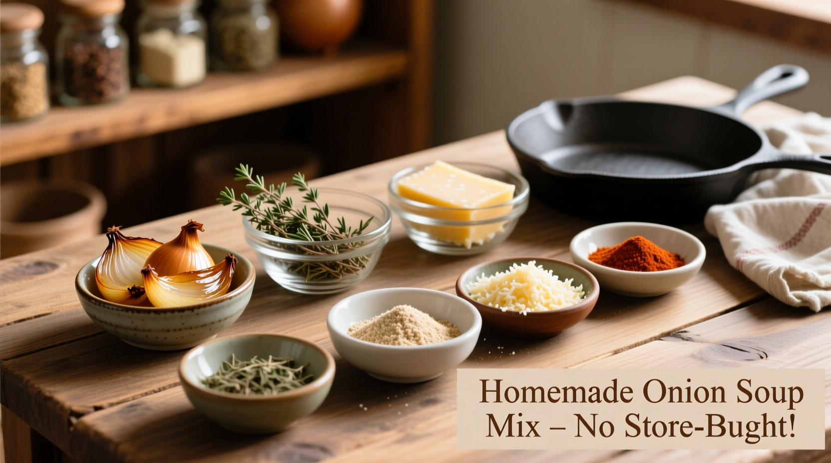 Homemade onion soup mix substitute ingredients in small bowls