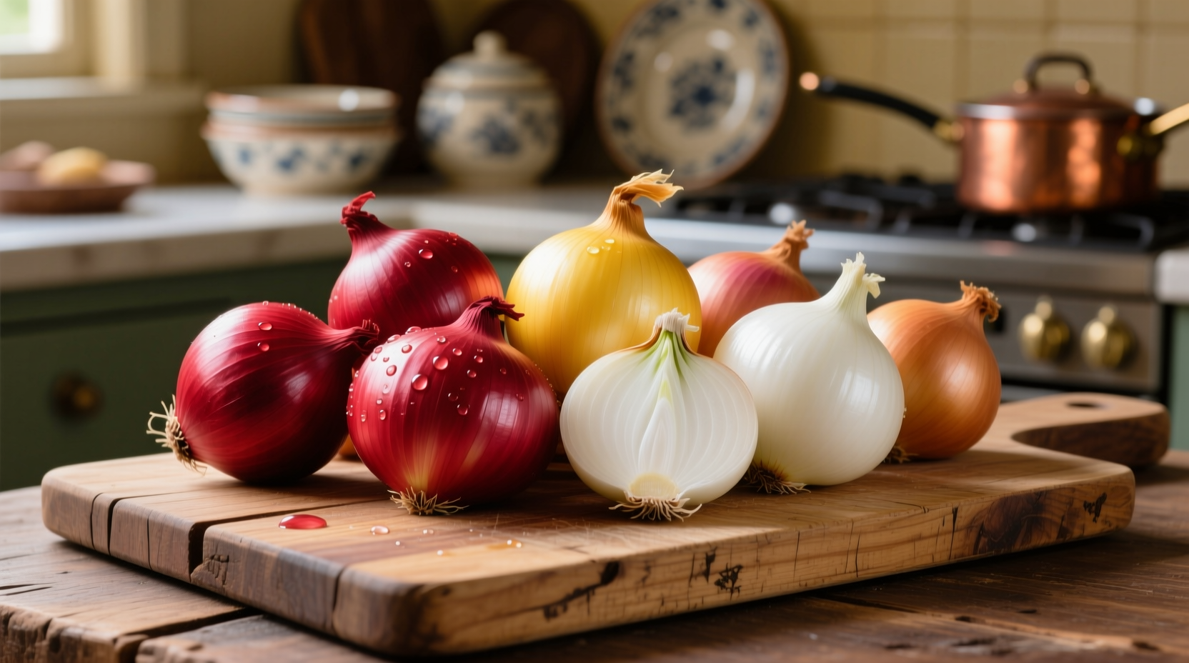 Colorful assortment of red, yellow, and white onions on wooden cutting board