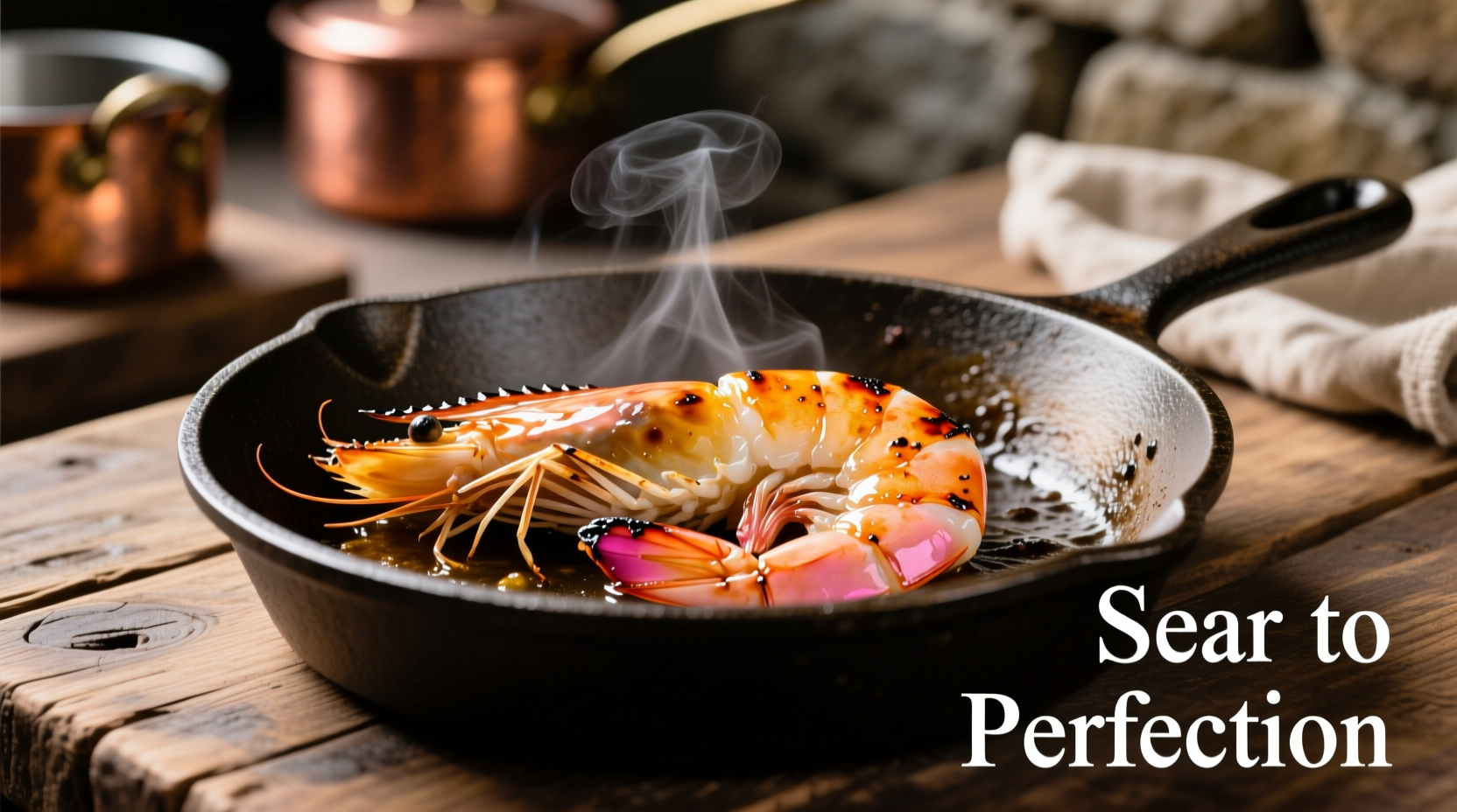 Perfectly seared shrimp in a cast iron pan