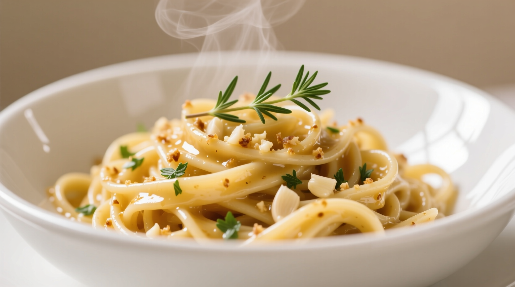 Fresh garlic buttered noodles in white bowl