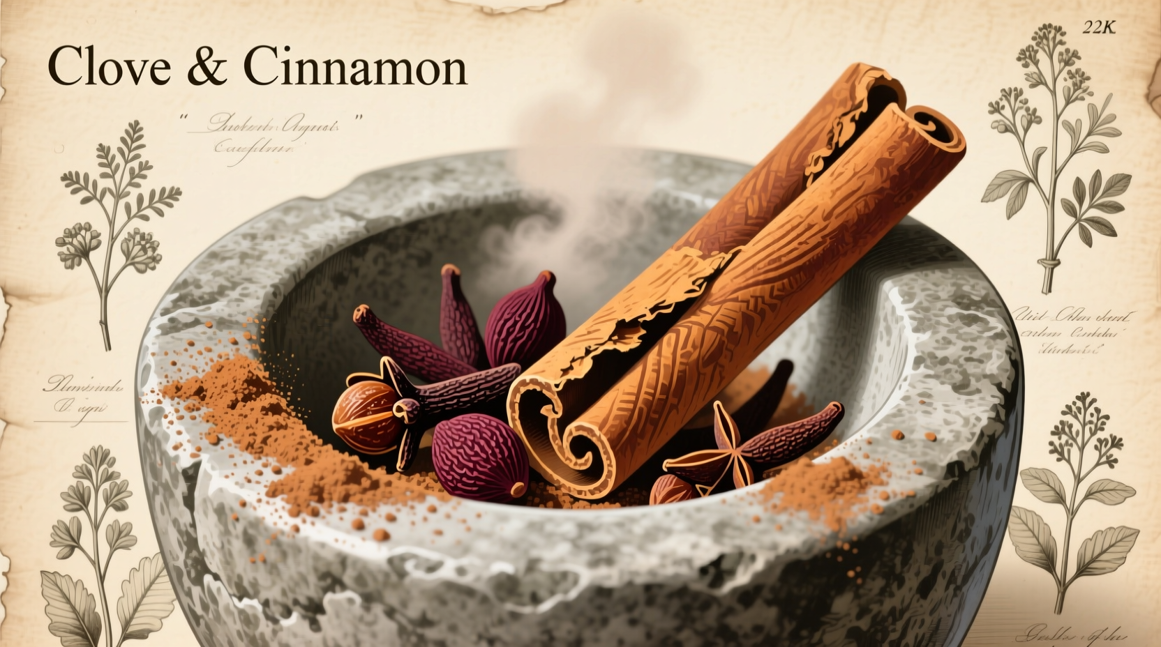 Clove powder in mortar with whole cloves and cinnamon sticks