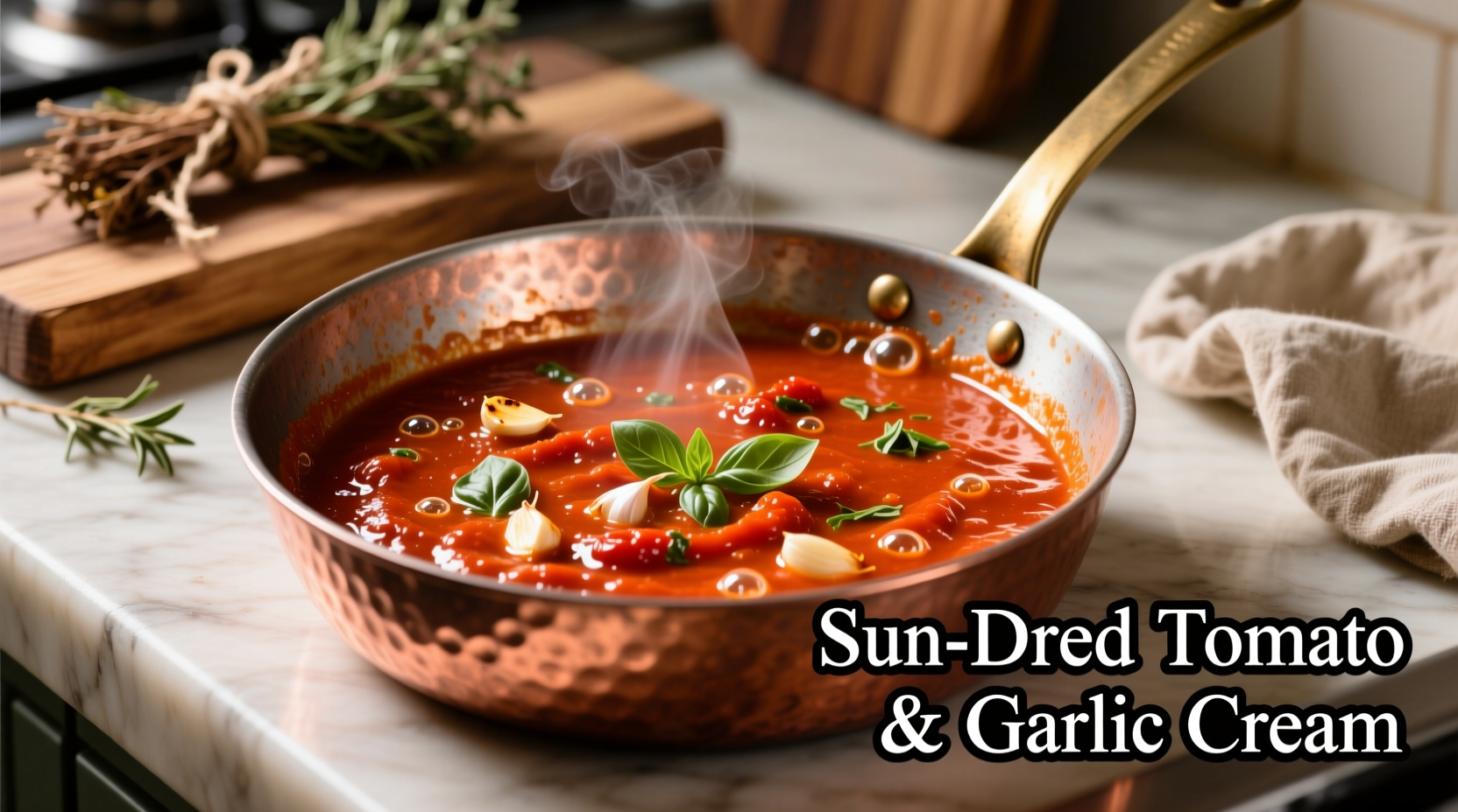 Creamy sun dried tomato sauce in copper pan