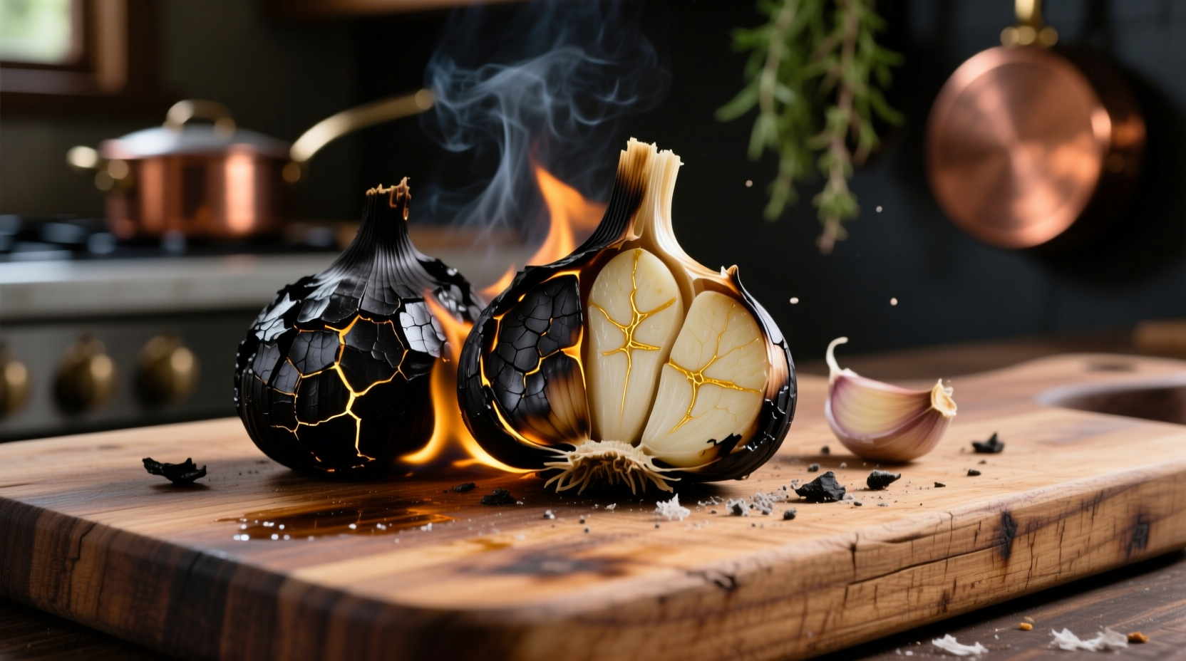 Close-up of blackened garlic cloves on wooden cutting board