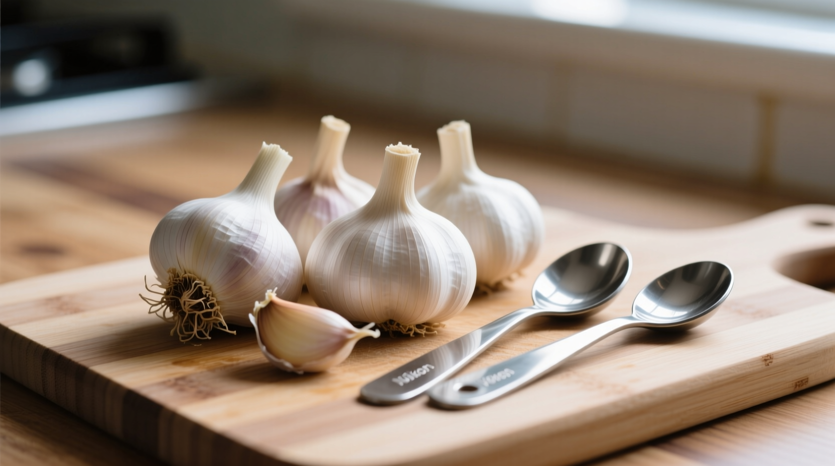 Fresh garlic cloves with measuring spoons on cutting board