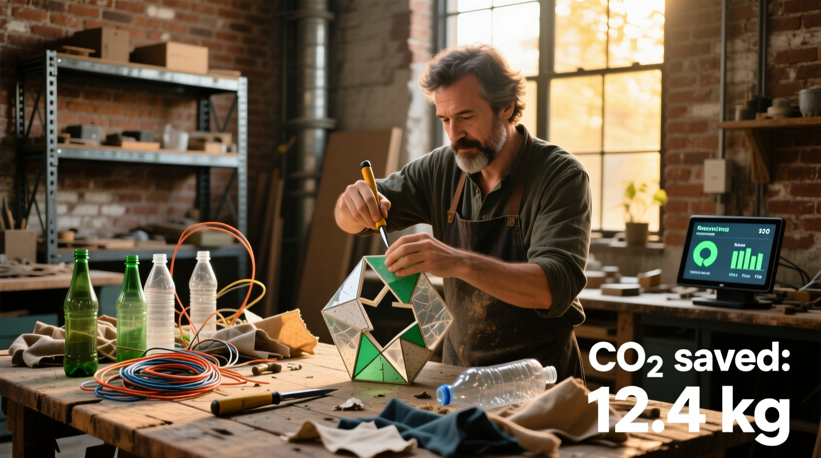 Artist demonstrating closed-loop crafting system with recycled materials