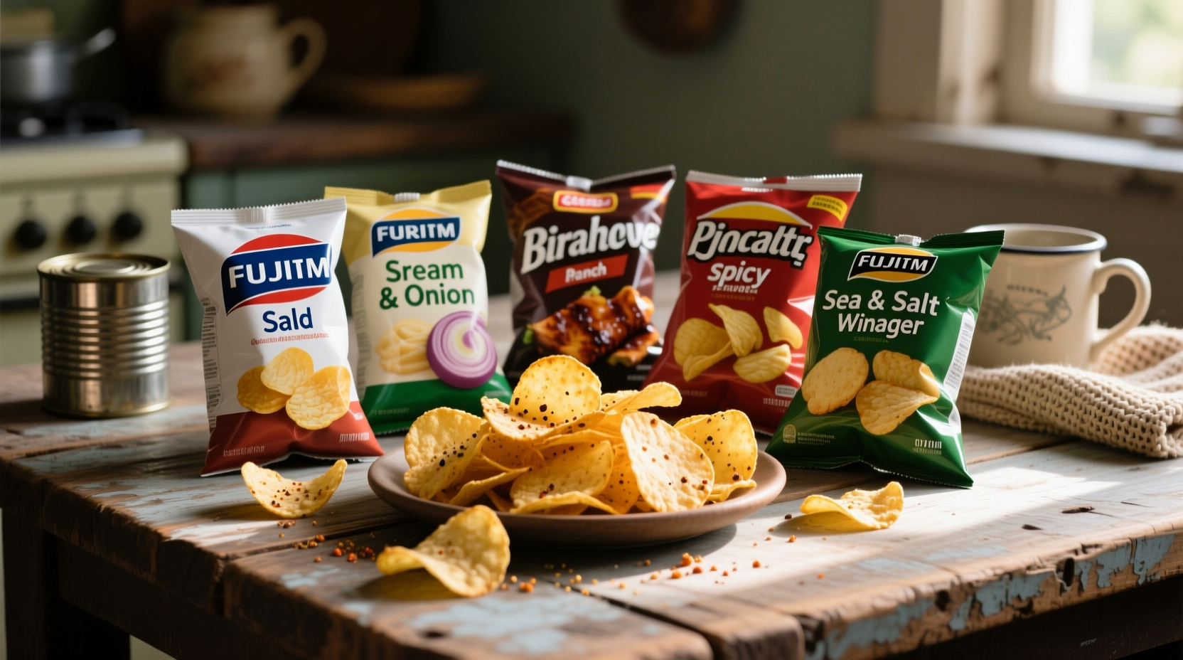 Various flavored potato chip varieties on wooden table