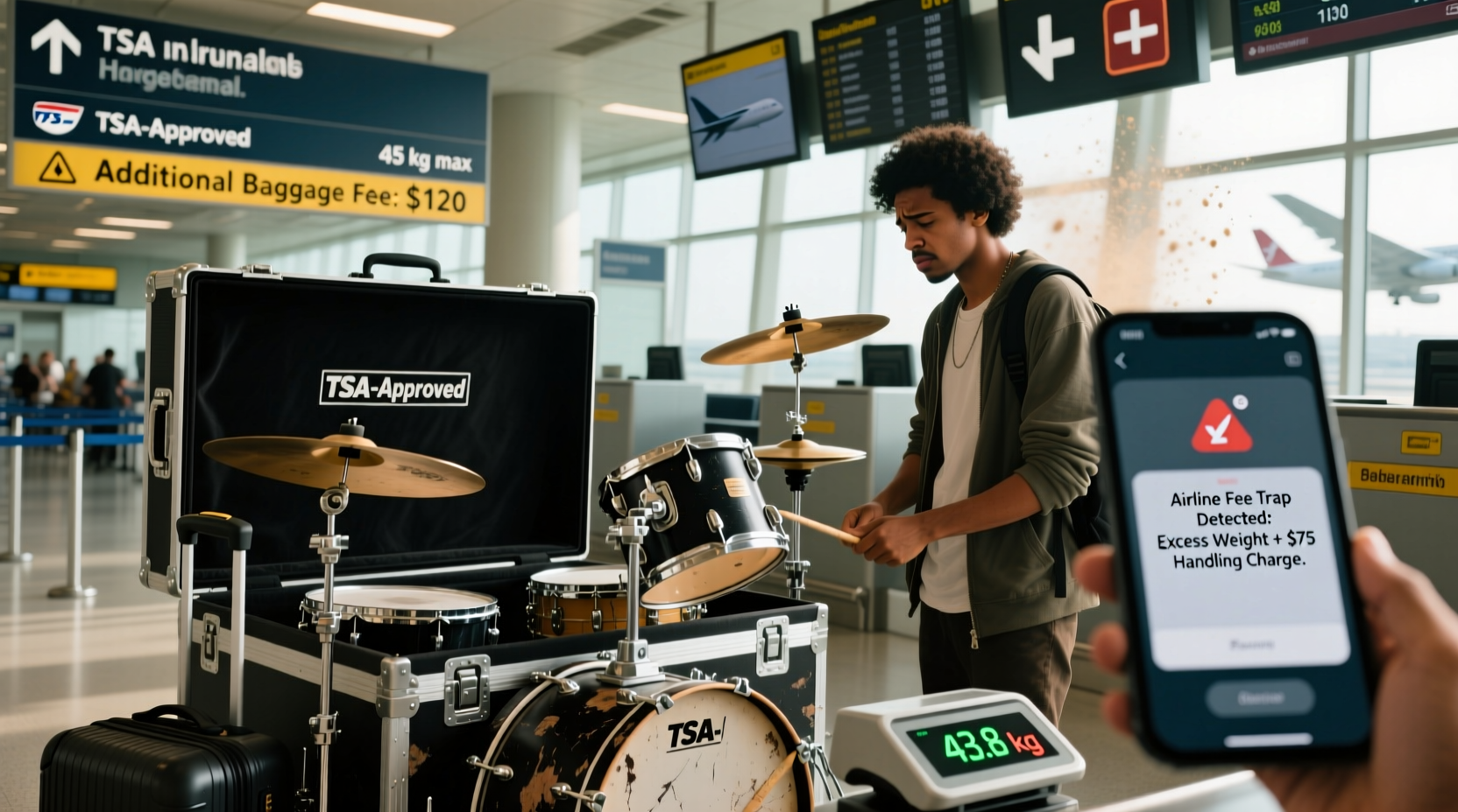 Can you safely fly with a cheap second-hand full drum set in 2026? TSA-approved cases, weight limits, and airline fee traps revealed