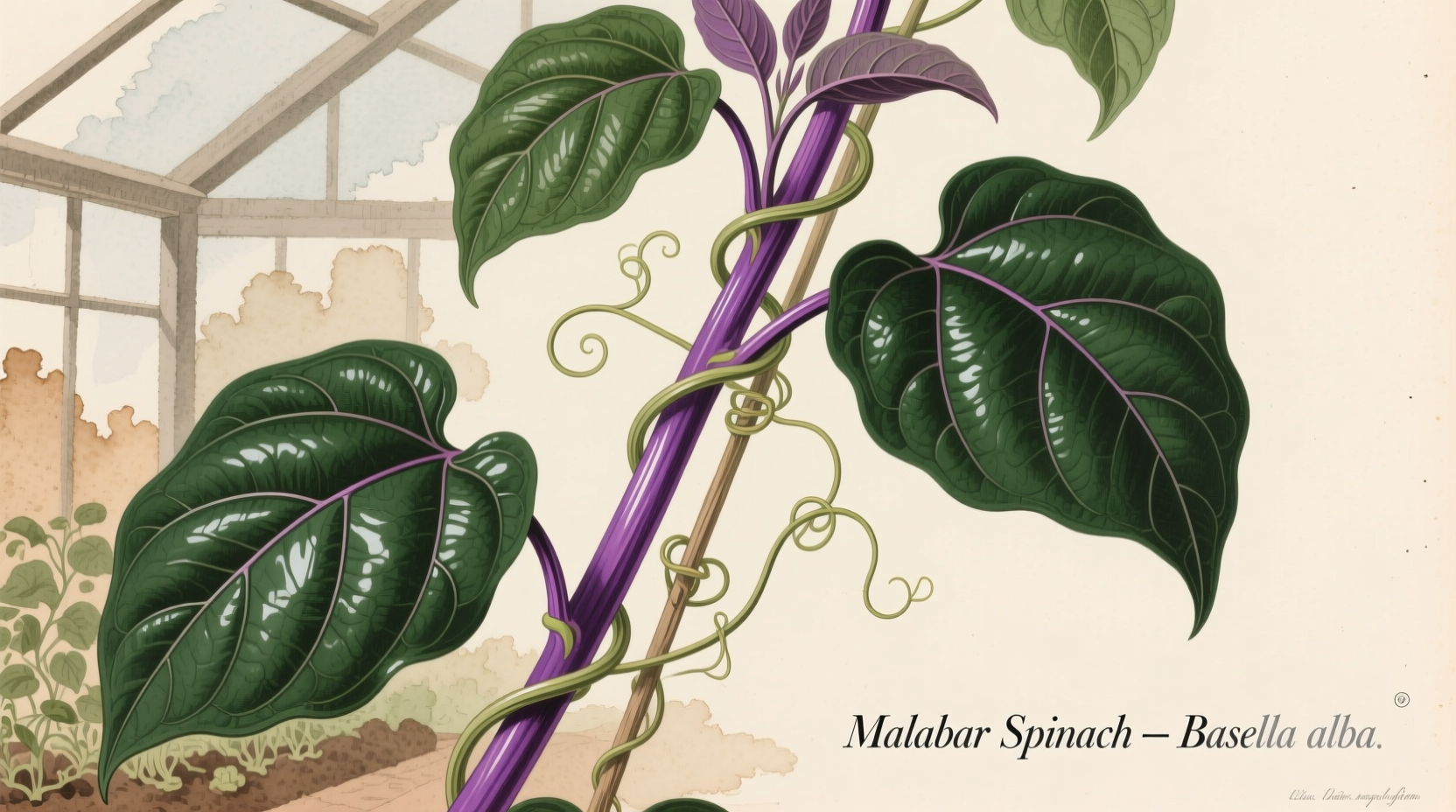 Malabar spinach vine with purple stems and glossy green leaves
