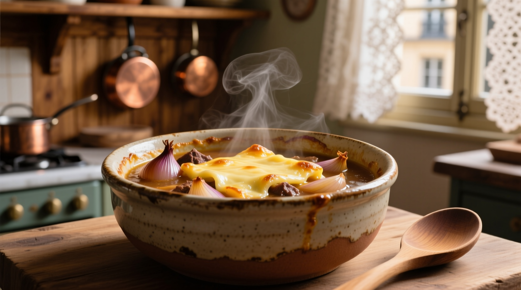 Traditional French onion soup in ceramic bowl with melted cheese topping