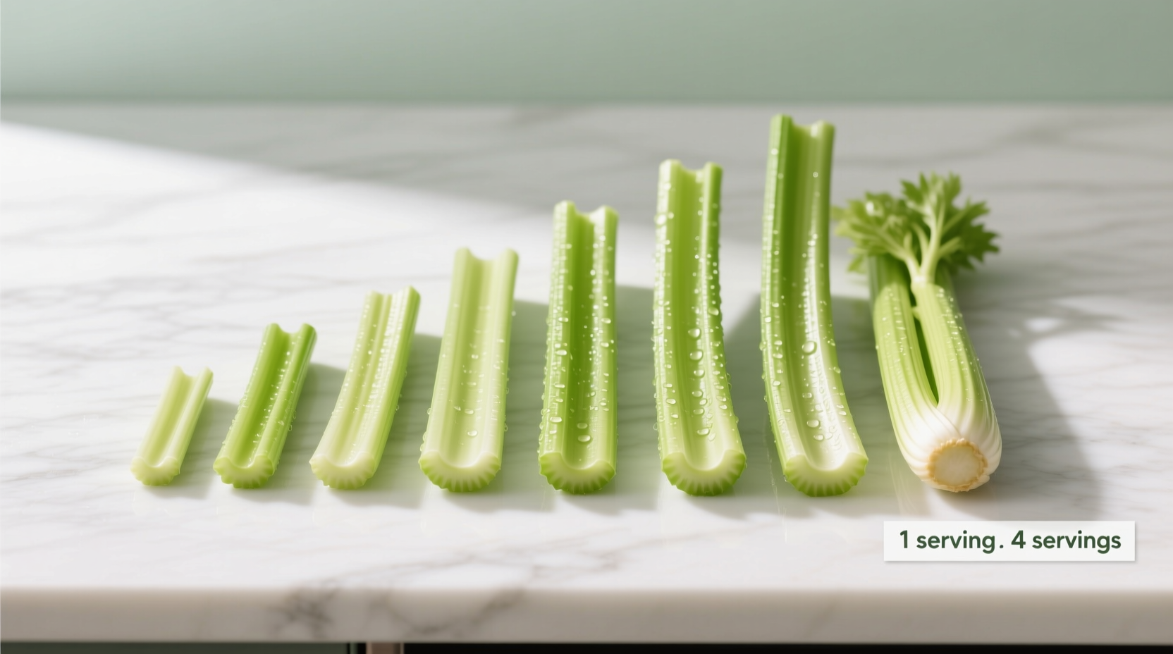 Fresh celery stalks arranged by serving size measurements