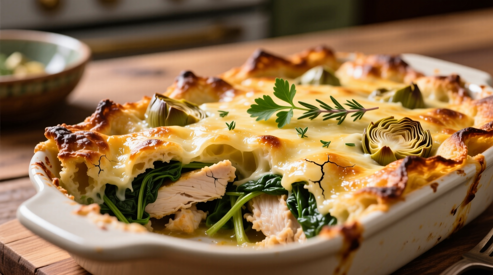 Spinach artichoke chicken bake golden crust closeup