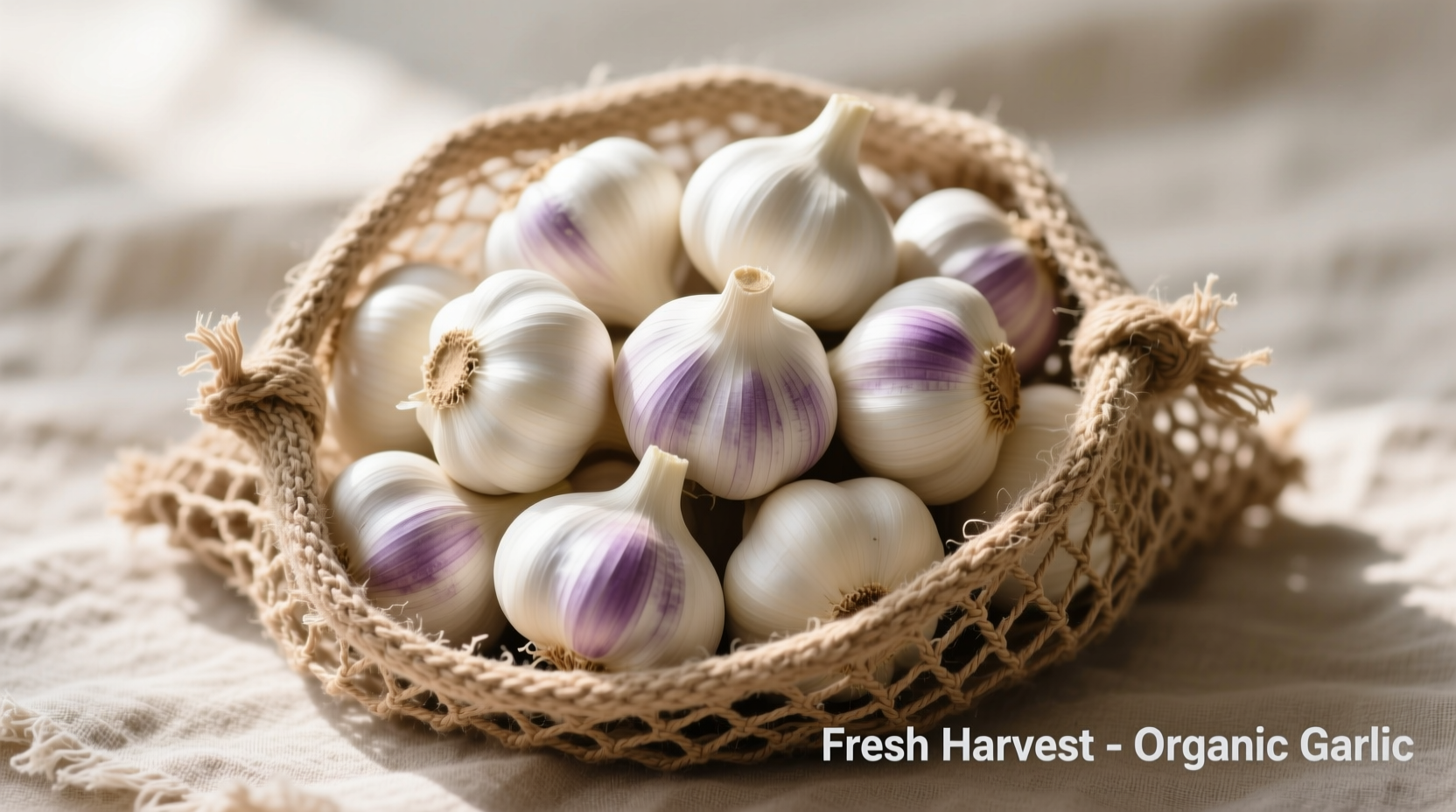 Fresh garlic bulbs in mesh storage bag