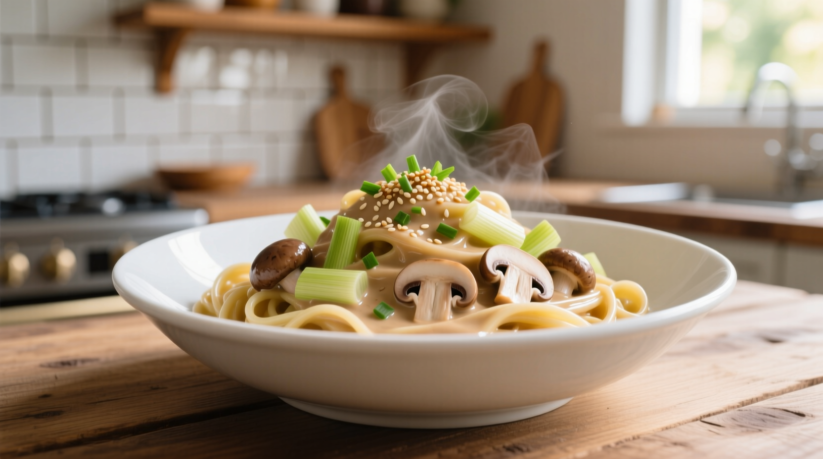 Creamy miso mushroom and leek pasta in white bowl