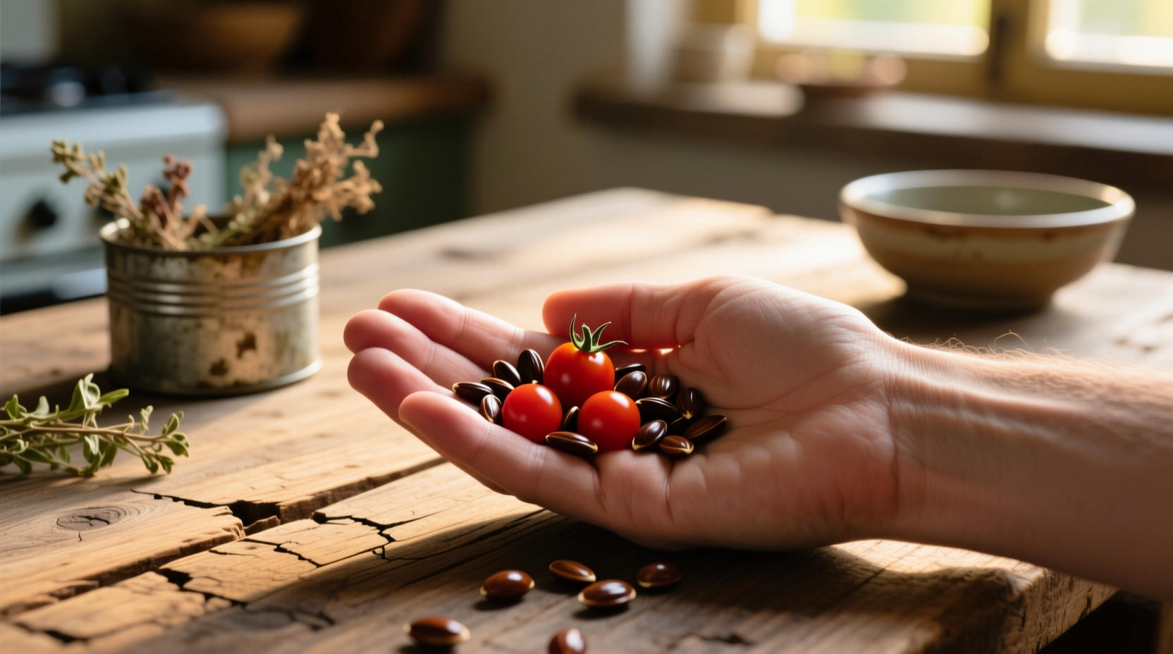 Hand holding tomato seeds on wooden table