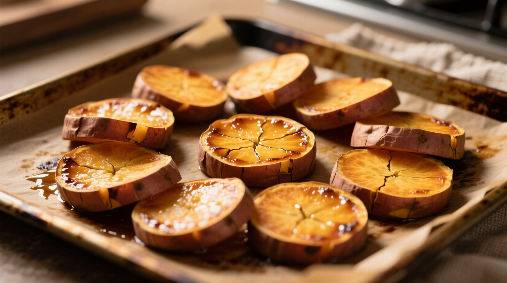 Golden brown sweet potato rounds on baking sheet