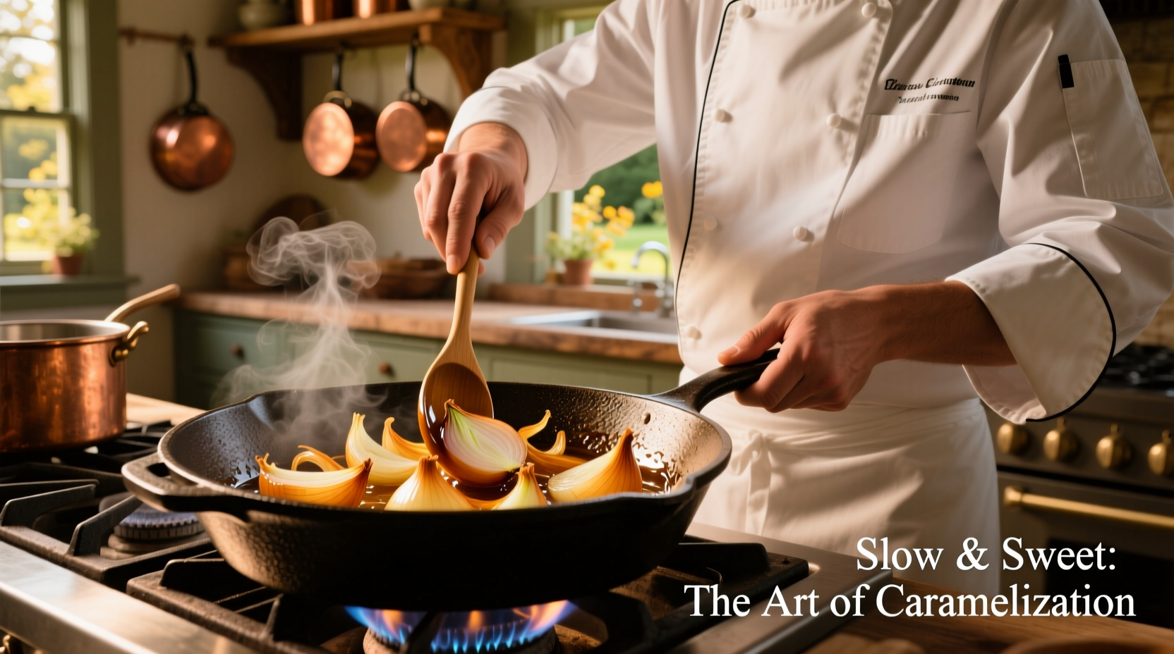 Professional chef caramelizing onions in cast iron skillet