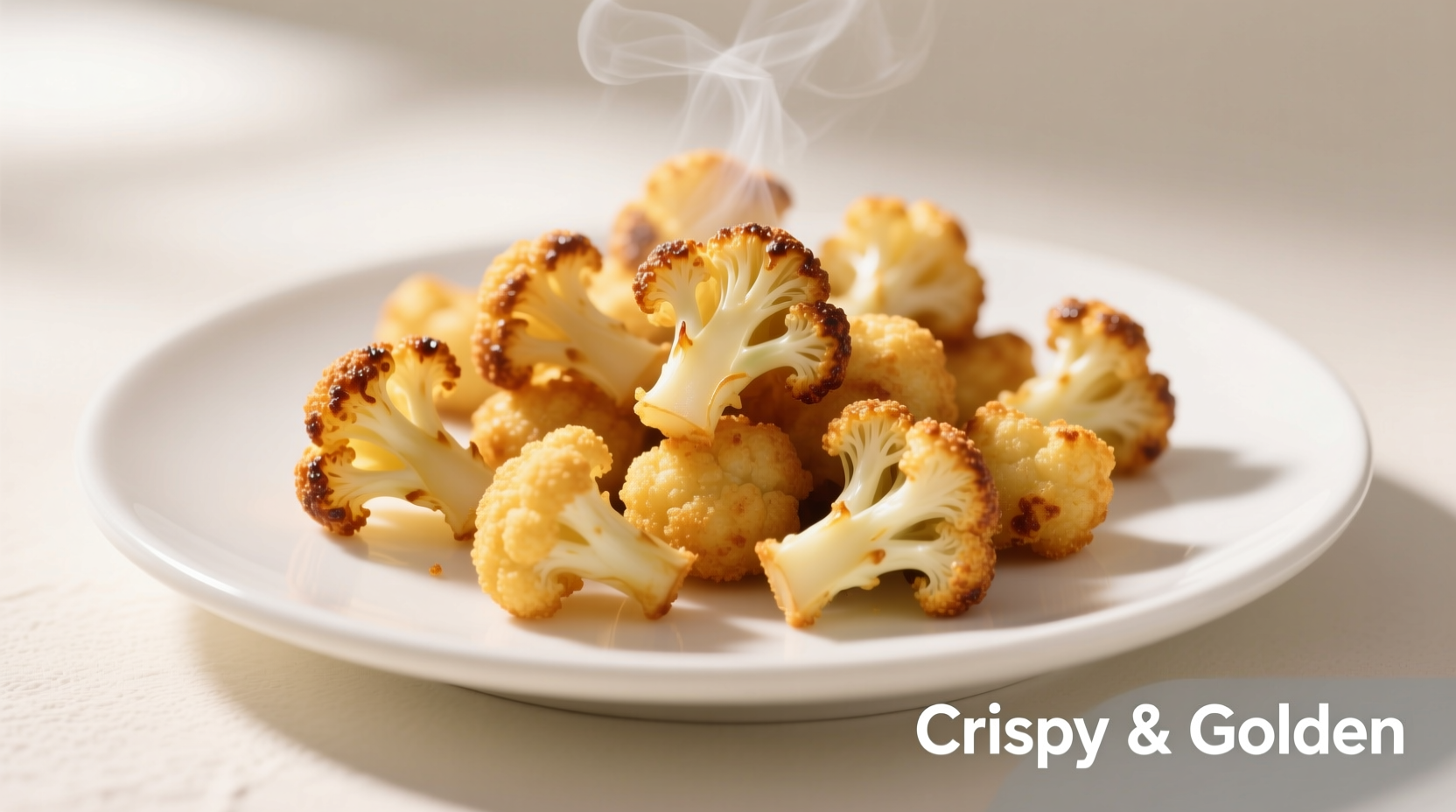 Golden air fryer cauliflower bites on white plate