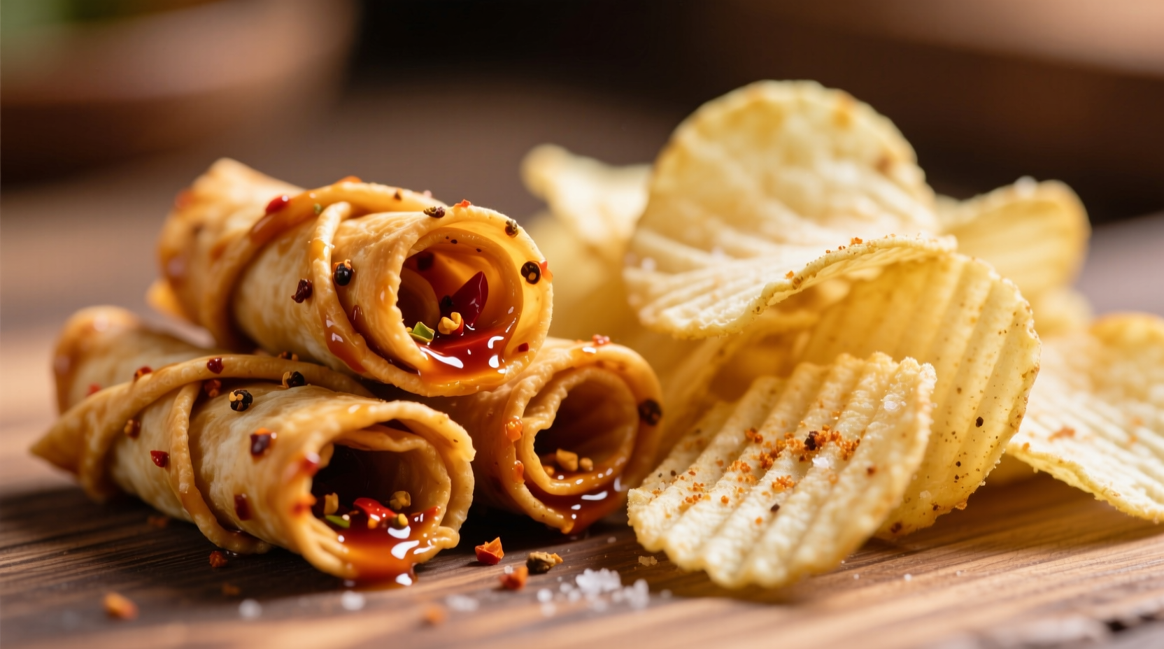 Close-up of rolled spicy snacks next to traditional potato chips