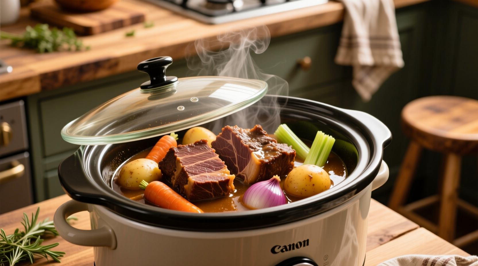 Slow cooker filled with pot roast and vegetables