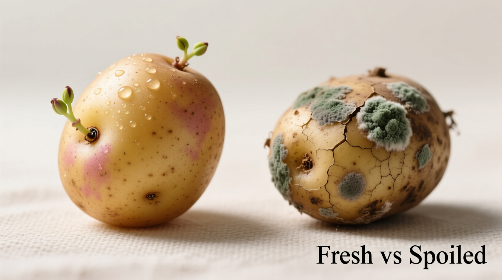 Close-up of fresh versus spoiled potatoes comparison