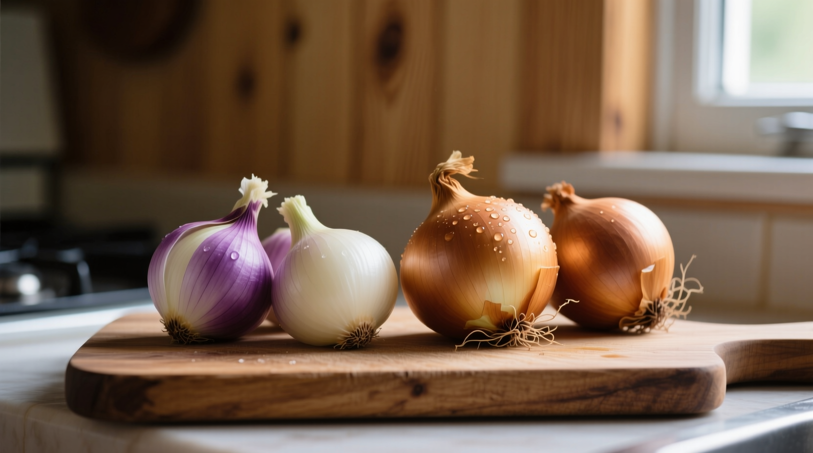 Fresh shallots and onions side by side on cutting board