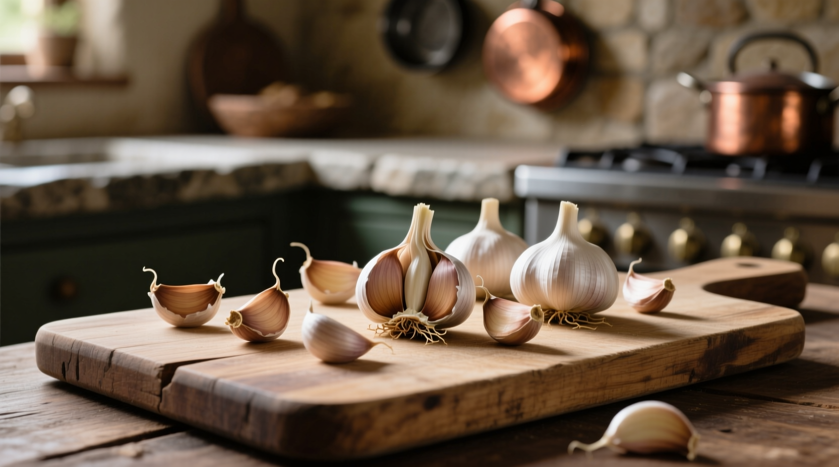 Garlic cloves on wooden cutting board