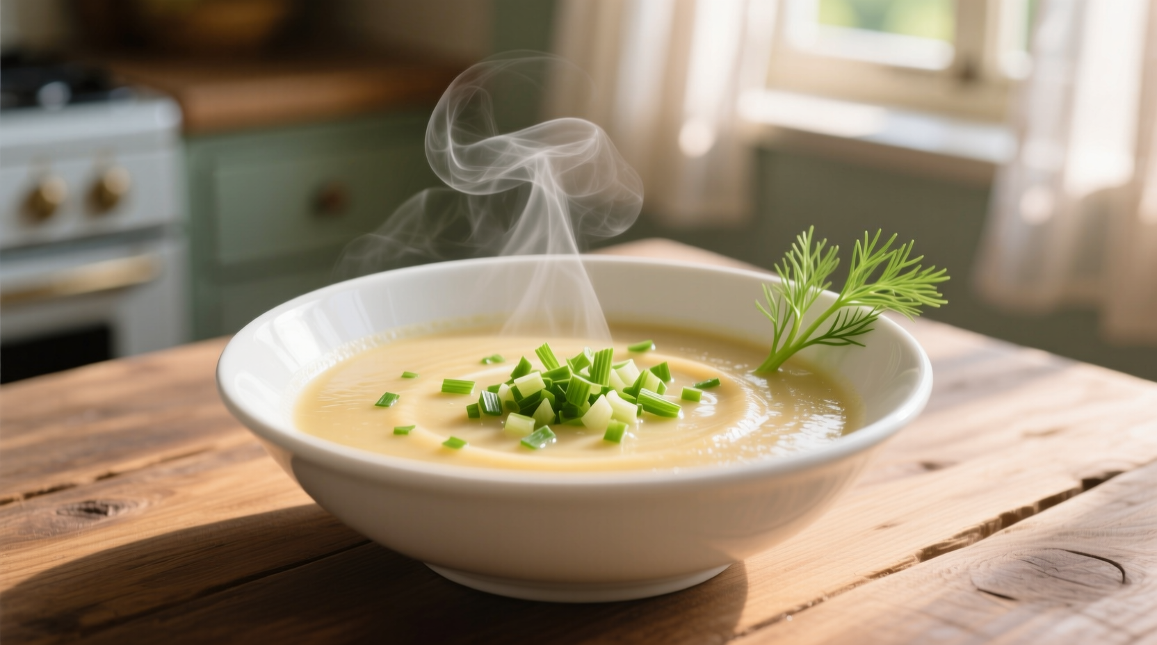 Creamy fennel soup in white bowl with fresh fronds