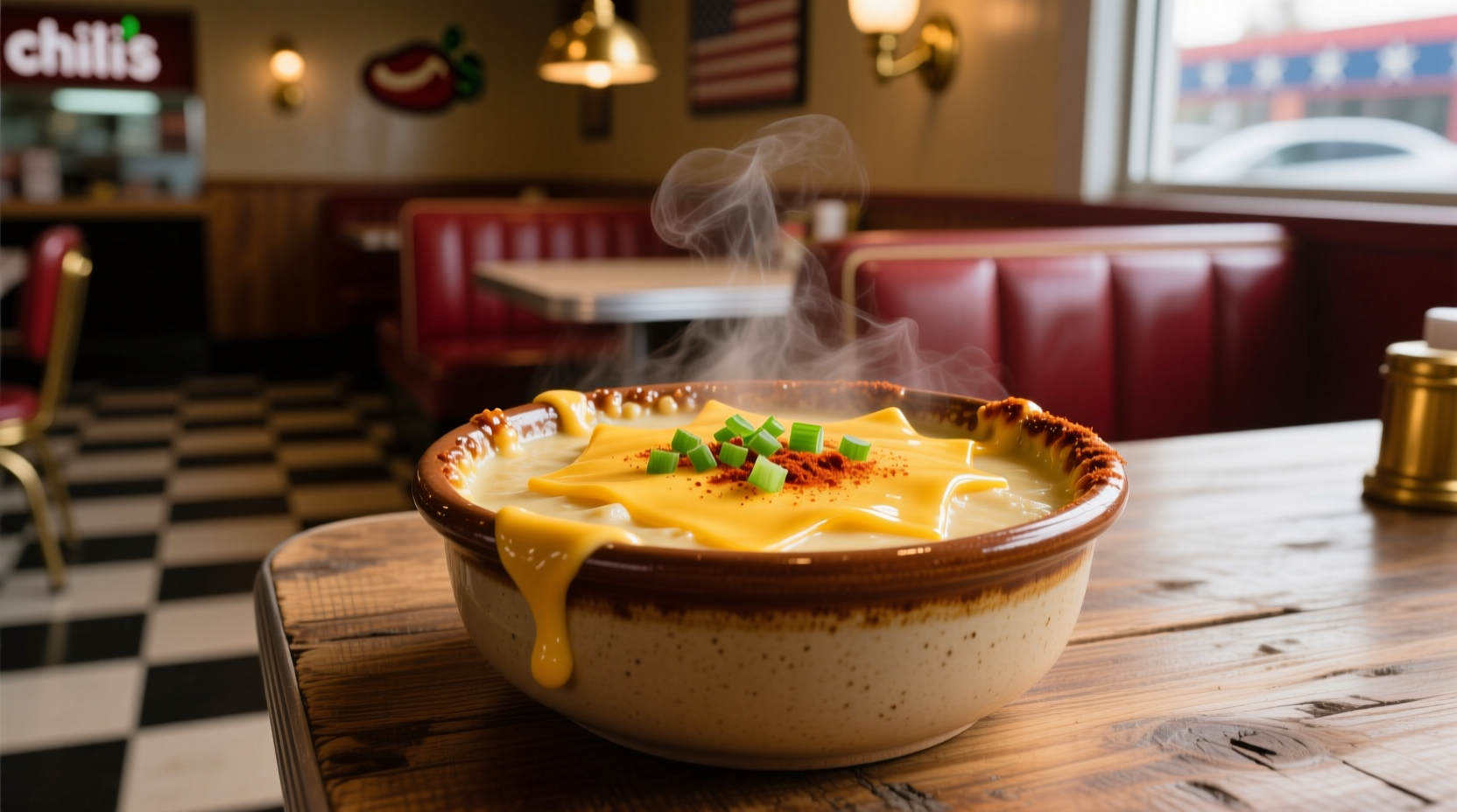 Chili's signature potato soup in bowl with melted cheese topping