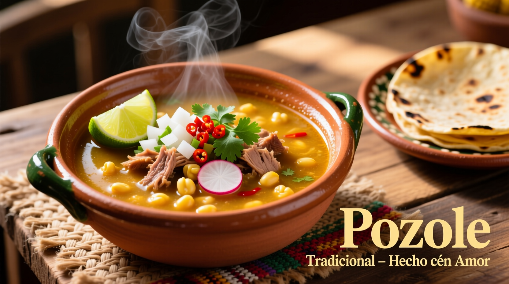Traditional Mexican pozole in clay bowl with garnishes