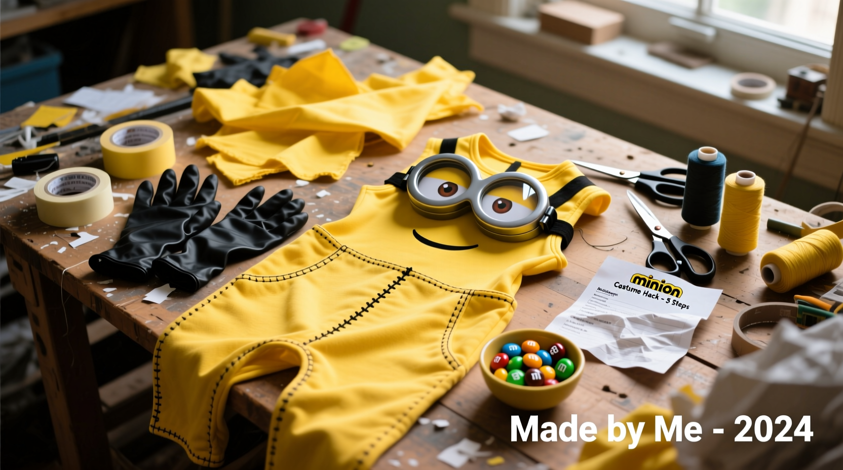 Homemade Minion costume materials laid out on worktable