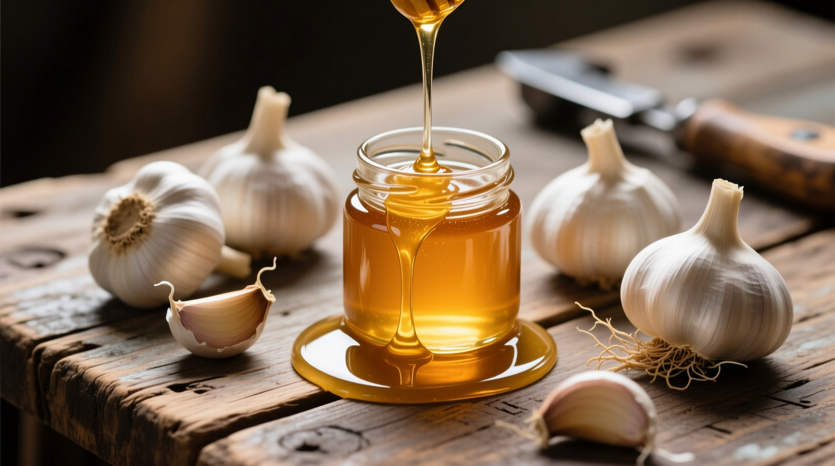 Raw honey and fresh garlic cloves on wooden surface