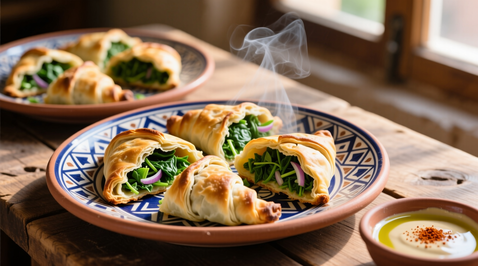 Freshly baked spinach fatayer arranged on a traditional platter