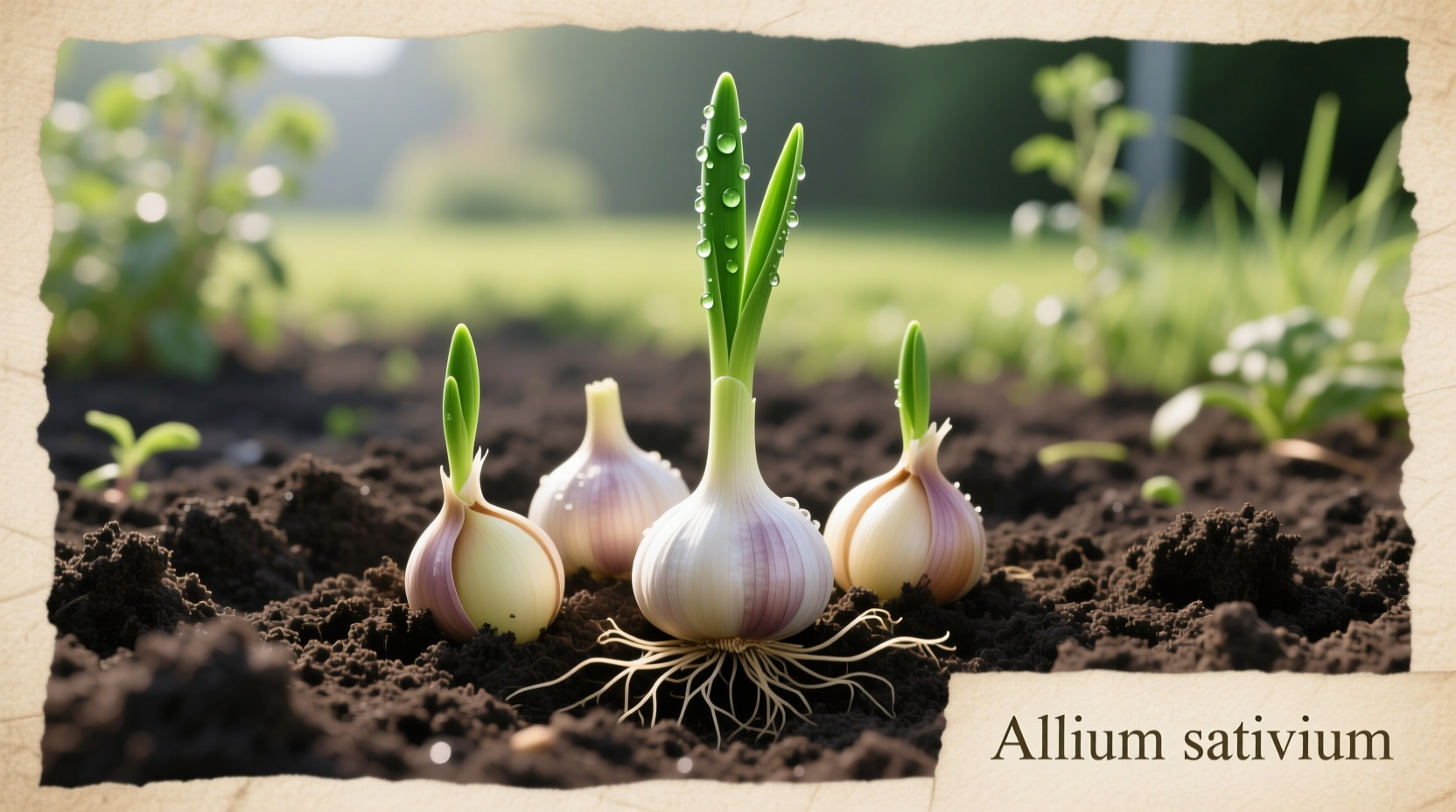 Garlic cloves planted in garden soil with green shoots emerging