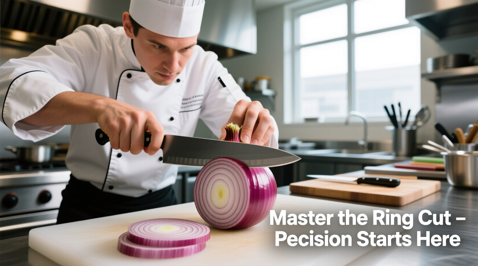 Professional chef demonstrating proper onion positioning for slicing rings