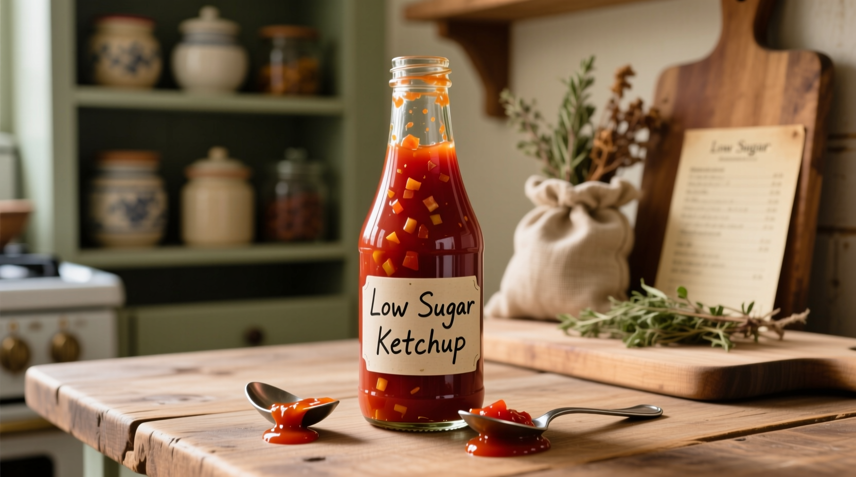Homemade low sugar tomato ketchup in glass bottle