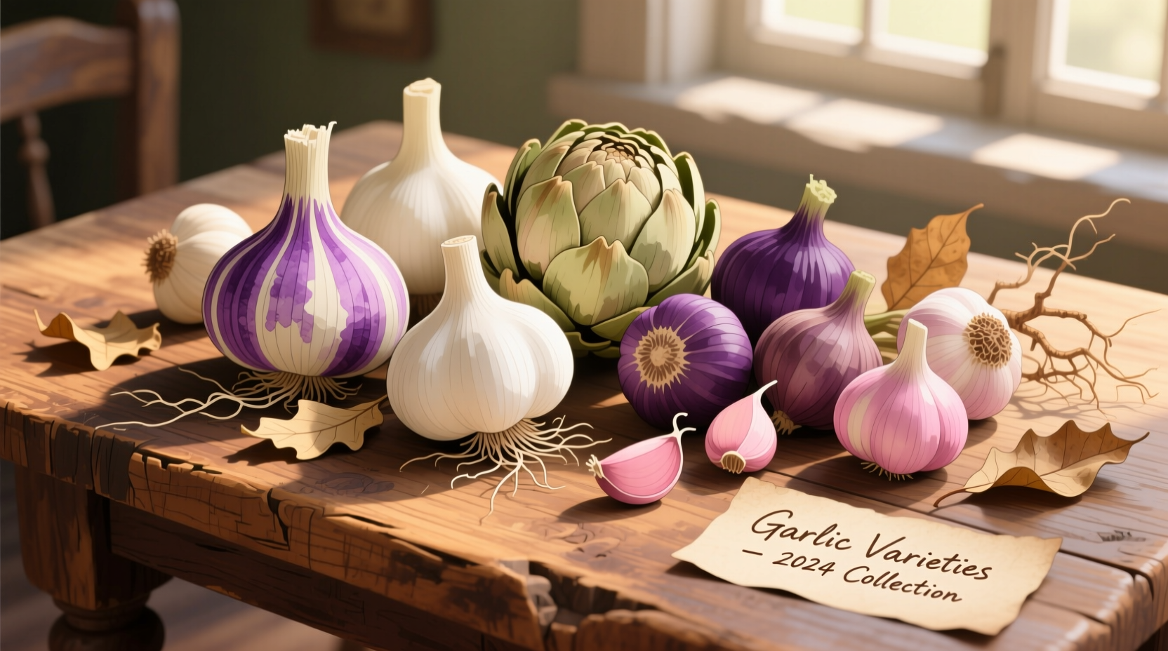 Different garlic varieties on wooden table