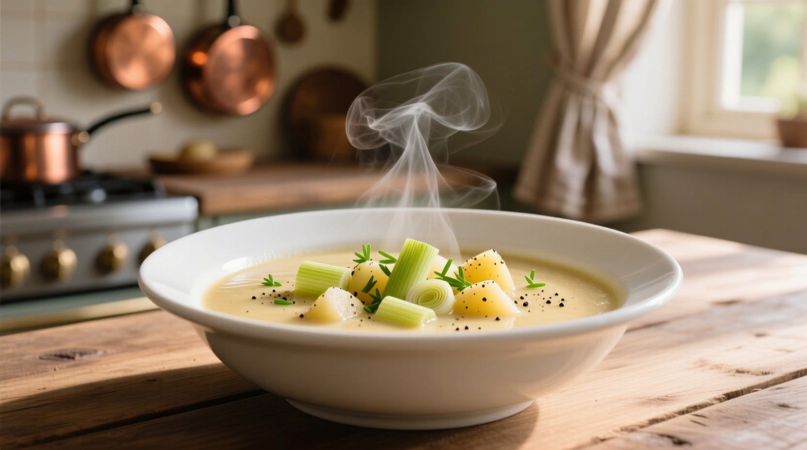 Creamy leek potato soup in white bowl