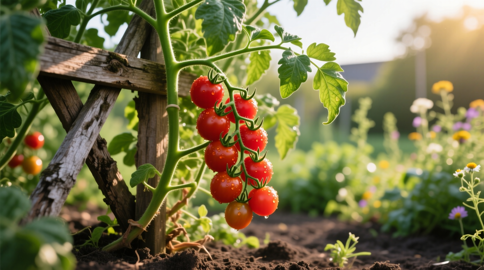 Cherry tomato plants growing on trellis in garden